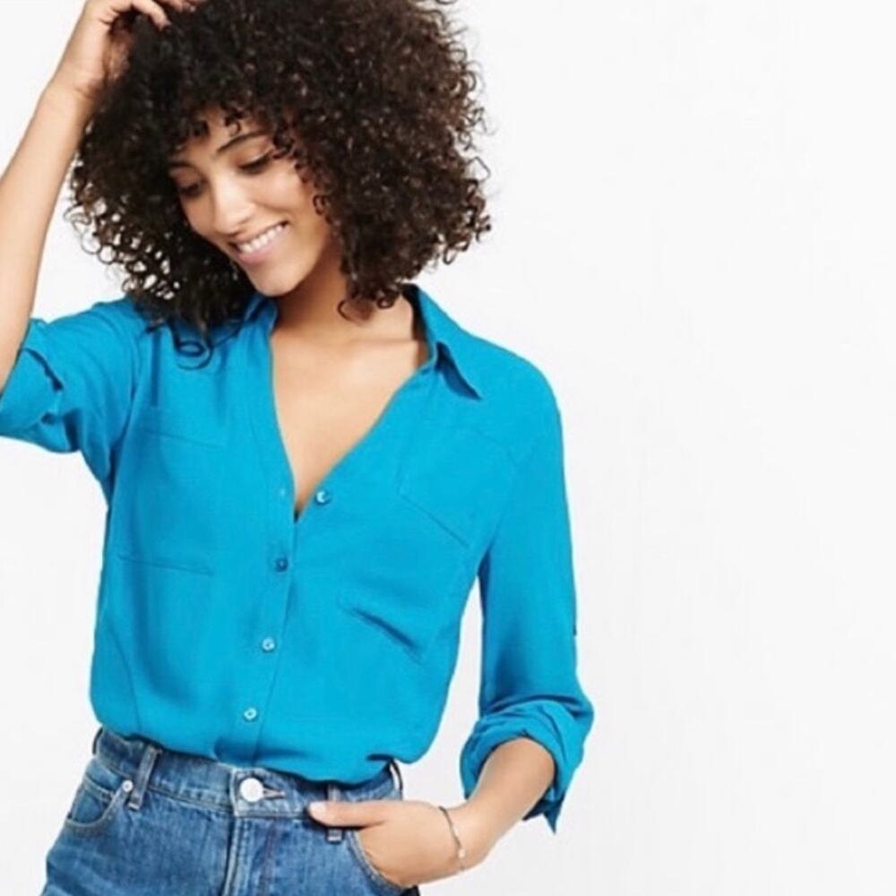 Express Portifino Roll Tab Sleeve Lightweight Button Up Blouse